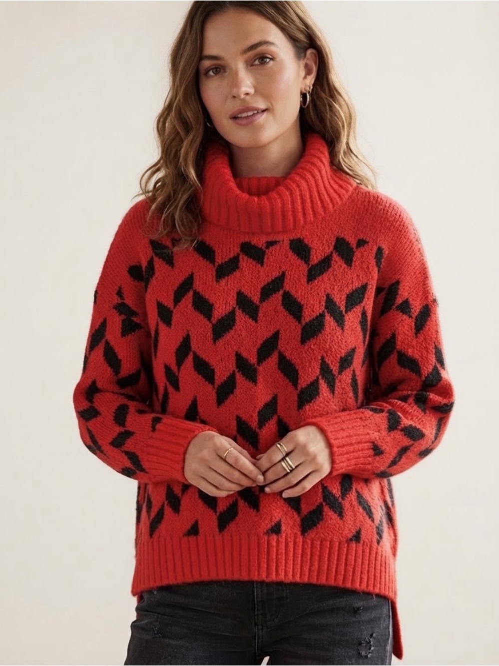 Essentiel ANTWERP Sz S Mohair Blend Red Black Chevron Knit Turtleneck Sweater